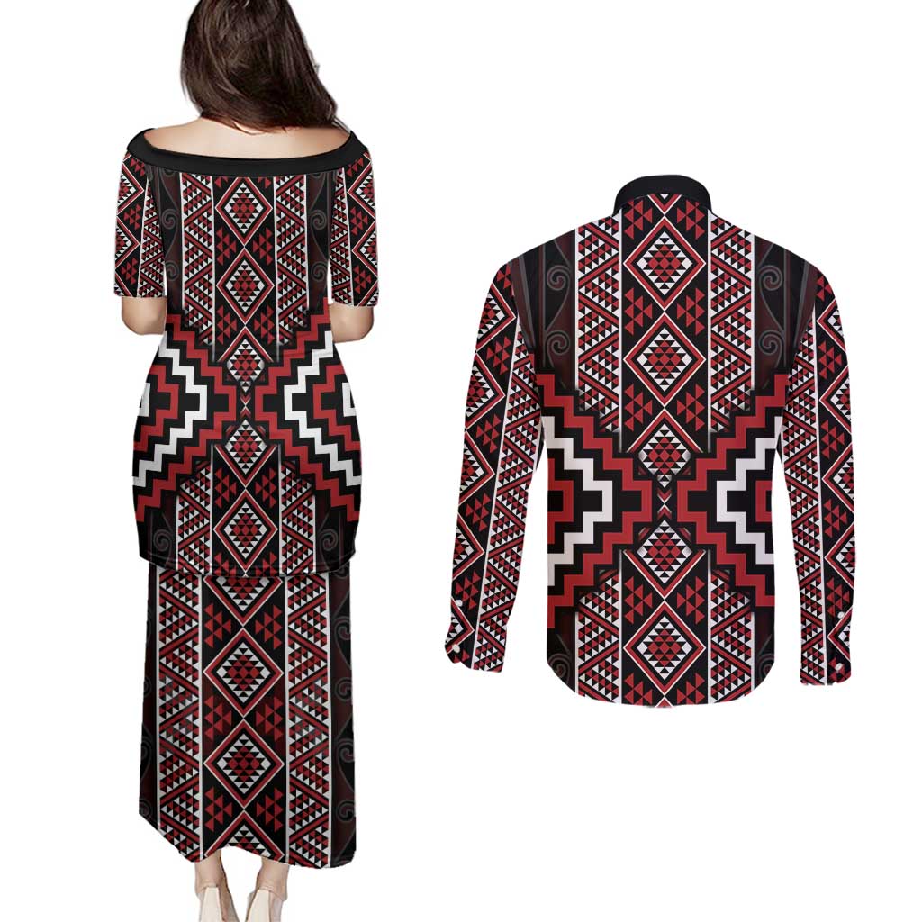 Red Tukutuku Pattern Aotearoa Couples Matching Puletasi and Long Sleeve Button Shirt Niho Taniwha and Puhoro Motifs