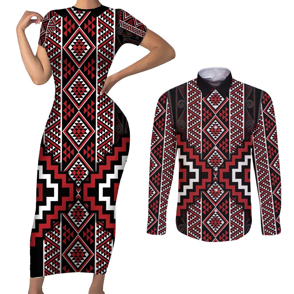 Red Tukutuku Pattern Aotearoa Couples Matching Short Sleeve Bodycon Dress and Long Sleeve Button Shirt Niho Taniwha and Puhoro Motifs