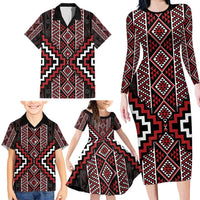 Red Tukutuku Pattern Aotearoa Family Matching Long Sleeve Bodycon Dress and Hawaiian Shirt Niho Taniwha and Puhoro Motifs LT7 - Polynesian Pride