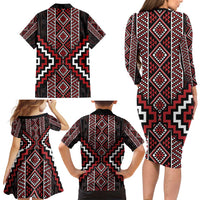 Red Tukutuku Pattern Aotearoa Family Matching Long Sleeve Bodycon Dress and Hawaiian Shirt Niho Taniwha and Puhoro Motifs LT7 - Polynesian Pride