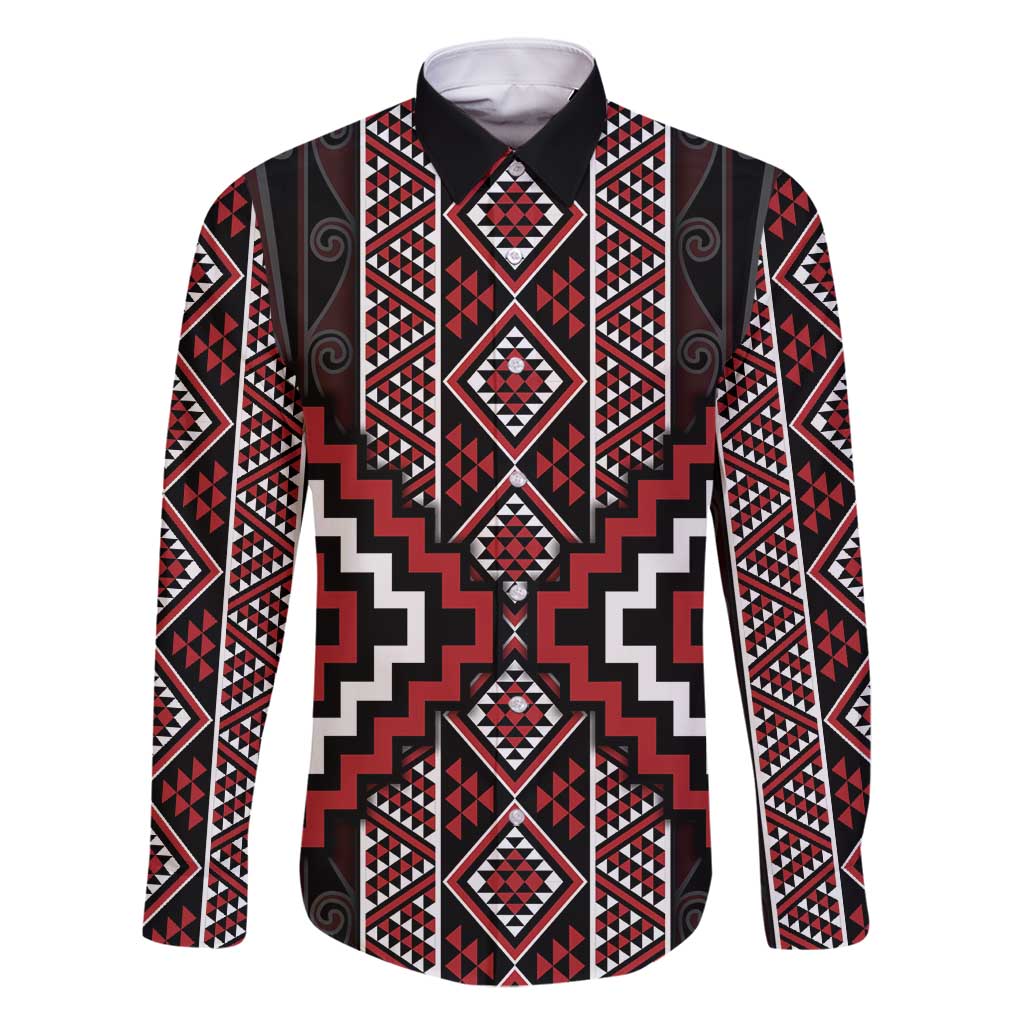 Red Tukutuku Pattern Aotearoa Family Matching Long Sleeve Bodycon Dress and Hawaiian Shirt Niho Taniwha and Puhoro Motifs LT7 Dad's Shirt - Long Sleeve Red - Polynesian Pride
