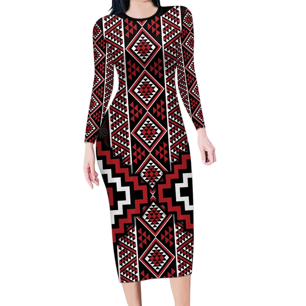 Red Tukutuku Pattern Aotearoa Family Matching Long Sleeve Bodycon Dress and Hawaiian Shirt Niho Taniwha and Puhoro Motifs LT7 Mom's Dress Red - Polynesian Pride