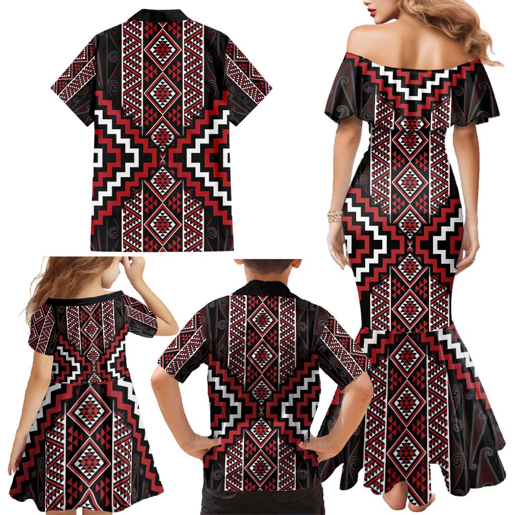 Red Tukutuku Pattern Aotearoa Family Matching Mermaid Dress and Hawaiian Shirt Niho Taniwha and Puhoro Motifs LT7 - Polynesian Pride