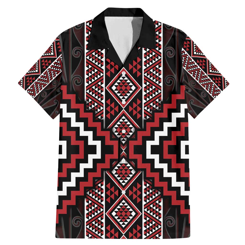 Red Tukutuku Pattern Aotearoa Family Matching Mermaid Dress and Hawaiian Shirt Niho Taniwha and Puhoro Motifs LT7 Dad's Shirt - Short Sleeve Red - Polynesian Pride