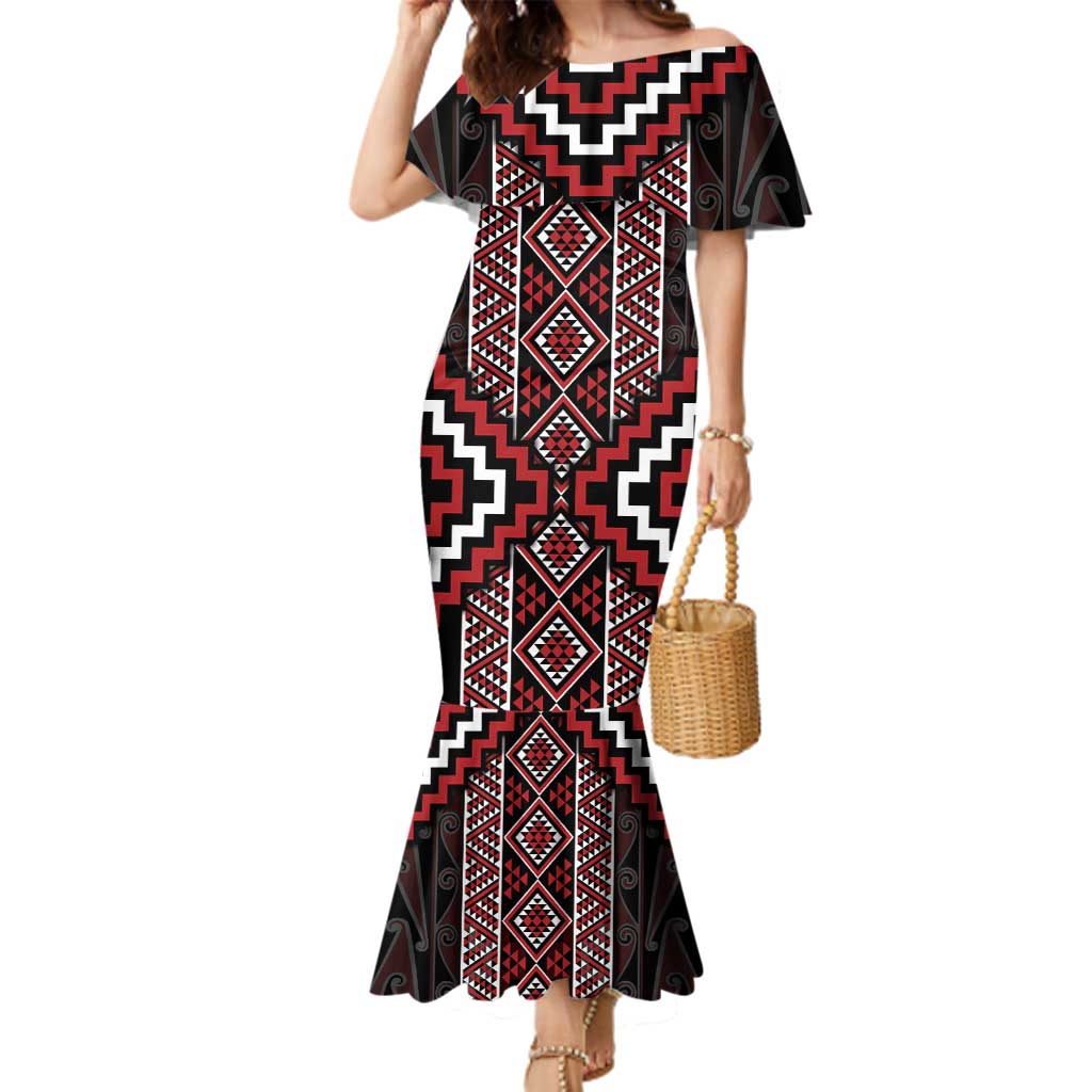 Red Tukutuku Pattern Aotearoa Family Matching Mermaid Dress and Hawaiian Shirt Niho Taniwha and Puhoro Motifs LT7 Mom's Dress Red - Polynesian Pride