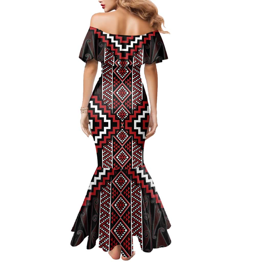 Red Tukutuku Pattern Aotearoa Family Matching Mermaid Dress and Hawaiian Shirt Niho Taniwha and Puhoro Motifs LT7 - Polynesian Pride