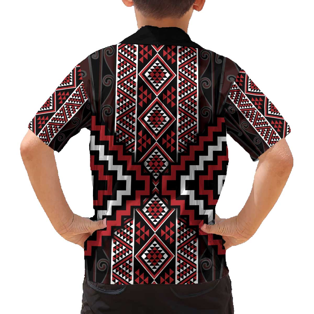 Red Tukutuku Pattern Aotearoa Family Matching Off The Shoulder Long Sleeve Dress and Hawaiian Shirt Niho Taniwha and Puhoro Motifs LT7 - Polynesian Pride