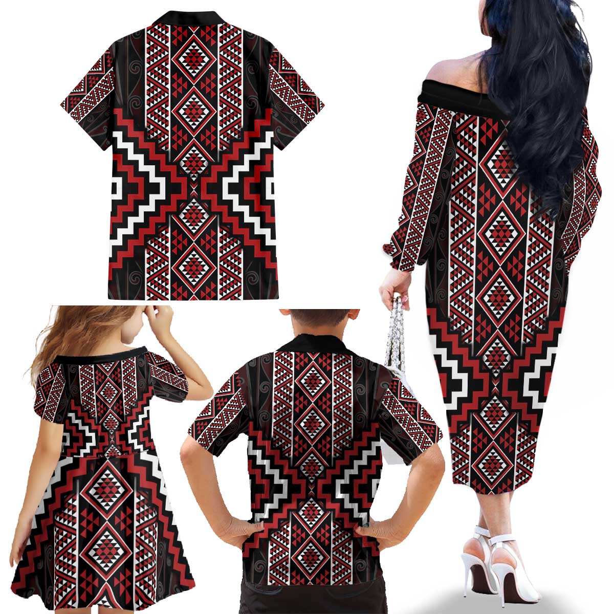 Red Tukutuku Pattern Aotearoa Family Matching Off The Shoulder Long Sleeve Dress and Hawaiian Shirt Niho Taniwha and Puhoro Motifs LT7 - Polynesian Pride