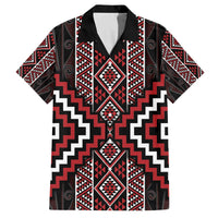 Red Tukutuku Pattern Aotearoa Family Matching Off The Shoulder Long Sleeve Dress and Hawaiian Shirt Niho Taniwha and Puhoro Motifs LT7 Dad's Shirt - Short Sleeve Red - Polynesian Pride