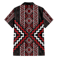 Red Tukutuku Pattern Aotearoa Family Matching Off The Shoulder Long Sleeve Dress and Hawaiian Shirt Niho Taniwha and Puhoro Motifs LT7 - Polynesian Pride