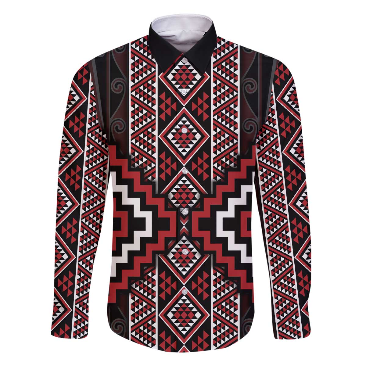 Red Tukutuku Pattern Aotearoa Family Matching Off The Shoulder Long Sleeve Dress and Hawaiian Shirt Niho Taniwha and Puhoro Motifs LT7 Dad's Shirt - Long Sleeve Red - Polynesian Pride