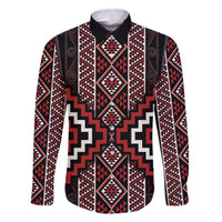 Red Tukutuku Pattern Aotearoa Family Matching Off The Shoulder Long Sleeve Dress and Hawaiian Shirt Niho Taniwha and Puhoro Motifs LT7 Dad's Shirt - Long Sleeve Red - Polynesian Pride