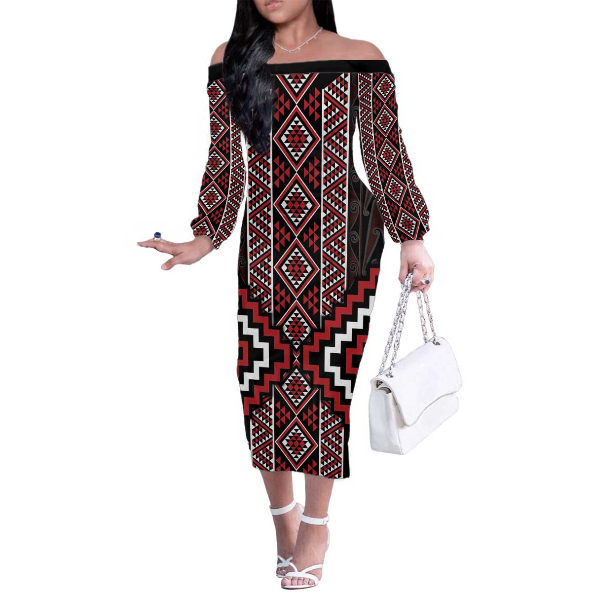 Red Tukutuku Pattern Aotearoa Family Matching Off The Shoulder Long Sleeve Dress and Hawaiian Shirt Niho Taniwha and Puhoro Motifs LT7 Mom's Dress Red - Polynesian Pride