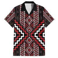 Red Tukutuku Pattern Aotearoa Family Matching Off Shoulder Maxi Dress and Hawaiian Shirt Niho Taniwha and Puhoro Motifs