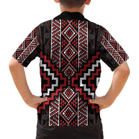 Red Tukutuku Pattern Aotearoa Family Matching Off Shoulder Short Dress and Hawaiian Shirt Niho Taniwha and Puhoro Motifs LT7 - Polynesian Pride