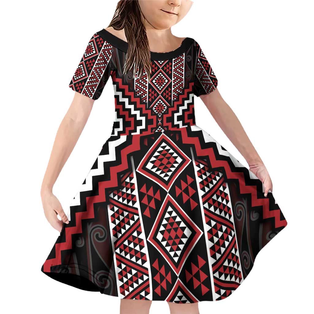 Red Tukutuku Pattern Aotearoa Family Matching Off Shoulder Short Dress and Hawaiian Shirt Niho Taniwha and Puhoro Motifs LT7 Daughter's Dress Red - Polynesian Pride