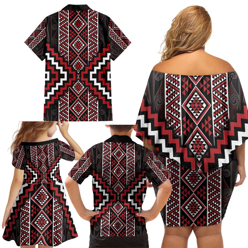 Red Tukutuku Pattern Aotearoa Family Matching Off Shoulder Short Dress and Hawaiian Shirt Niho Taniwha and Puhoro Motifs LT7 - Polynesian Pride