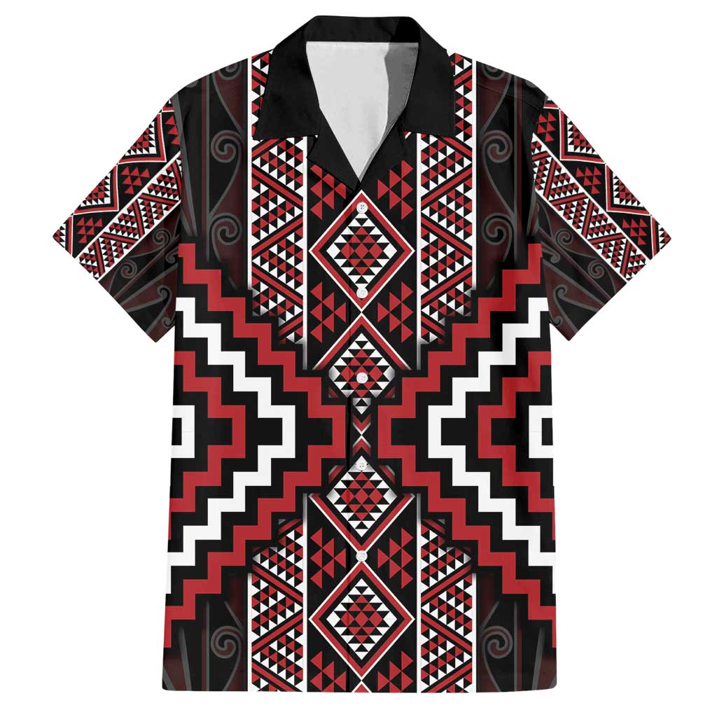 Red Tukutuku Pattern Aotearoa Family Matching Off Shoulder Short Dress and Hawaiian Shirt Niho Taniwha and Puhoro Motifs LT7 Dad's Shirt - Short Sleeve Red - Polynesian Pride