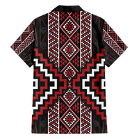 Red Tukutuku Pattern Aotearoa Family Matching Off Shoulder Short Dress and Hawaiian Shirt Niho Taniwha and Puhoro Motifs LT7 - Polynesian Pride