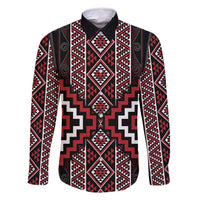 Red Tukutuku Pattern Aotearoa Family Matching Off Shoulder Short Dress and Hawaiian Shirt Niho Taniwha and Puhoro Motifs LT7 Dad's Shirt - Long Sleeve Red - Polynesian Pride