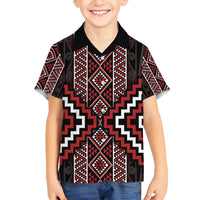 Red Tukutuku Pattern Aotearoa Family Matching Off Shoulder Short Dress and Hawaiian Shirt Niho Taniwha and Puhoro Motifs LT7 Son's Shirt Red - Polynesian Pride
