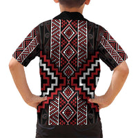 Red Tukutuku Pattern Aotearoa Family Matching Short Sleeve Bodycon Dress and Hawaiian Shirt Niho Taniwha and Puhoro Motifs LT7 - Polynesian Pride
