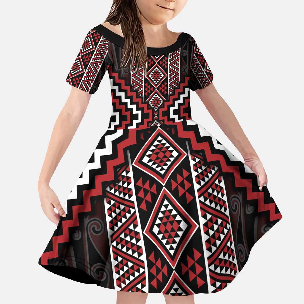 Red Tukutuku Pattern Aotearoa Family Matching Short Sleeve Bodycon Dress and Hawaiian Shirt Niho Taniwha and Puhoro Motifs LT7 Daughter's Dress Red - Polynesian Pride
