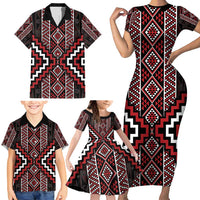 Red Tukutuku Pattern Aotearoa Family Matching Short Sleeve Bodycon Dress and Hawaiian Shirt Niho Taniwha and Puhoro Motifs LT7 - Polynesian Pride