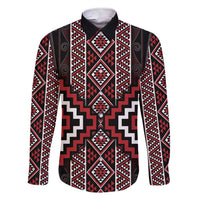 Red Tukutuku Pattern Aotearoa Family Matching Short Sleeve Bodycon Dress and Hawaiian Shirt Niho Taniwha and Puhoro Motifs LT7 Dad's Shirt - Long Sleeve Red - Polynesian Pride