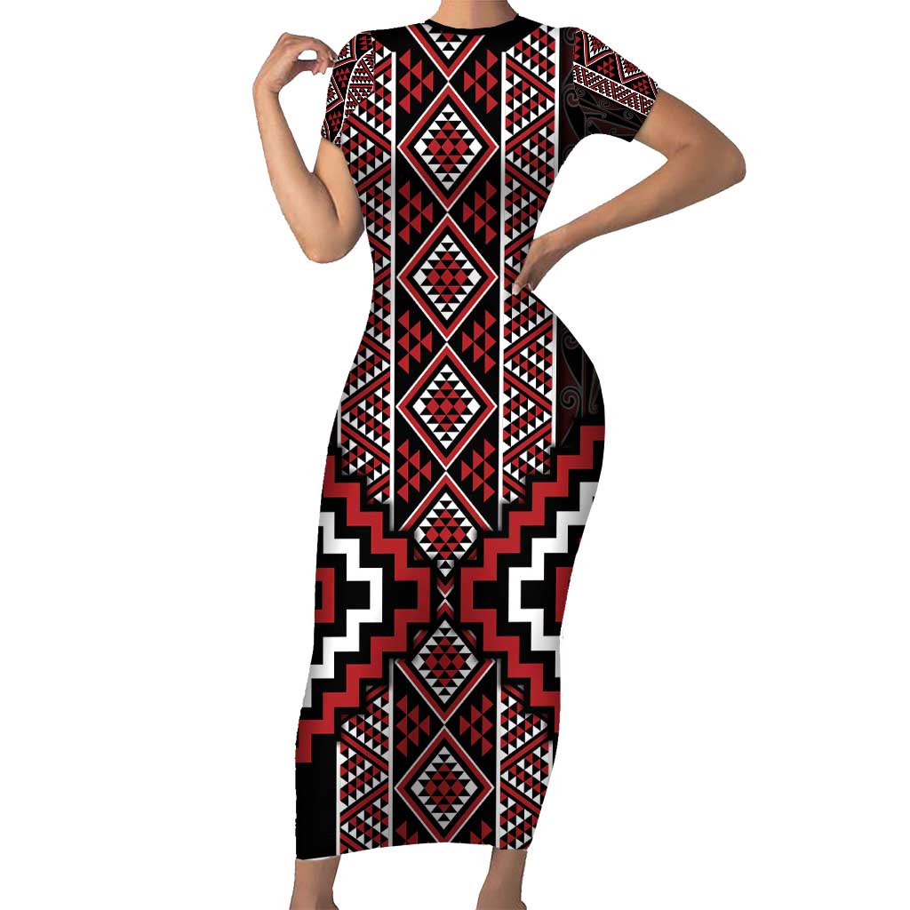 Red Tukutuku Pattern Aotearoa Family Matching Short Sleeve Bodycon Dress and Hawaiian Shirt Niho Taniwha and Puhoro Motifs LT7 Mom's Dress Red - Polynesian Pride