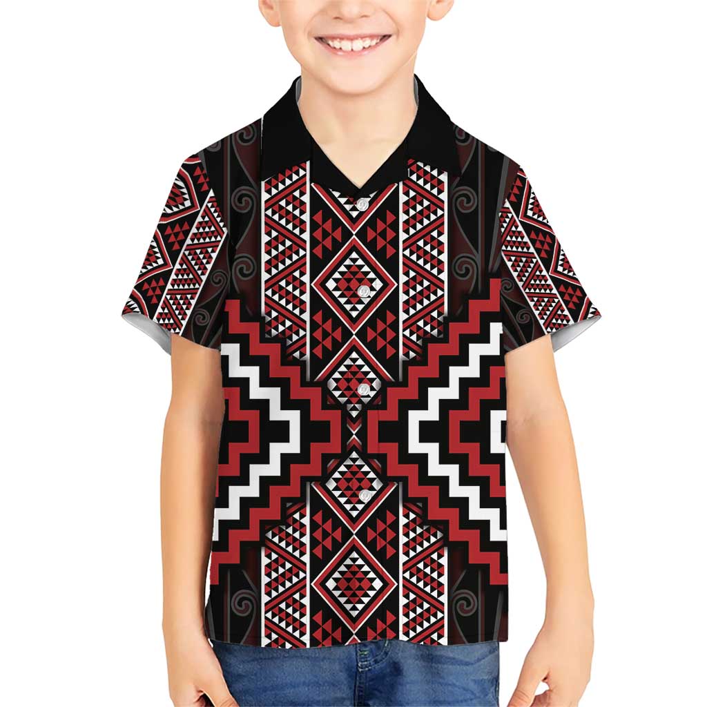 Red Tukutuku Pattern Aotearoa Family Matching Short Sleeve Bodycon Dress and Hawaiian Shirt Niho Taniwha and Puhoro Motifs LT7 Son's Shirt Red - Polynesian Pride