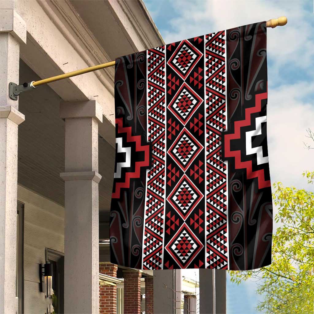 Red Tukutuku Pattern Aotearoa Garden Flag Niho Taniwha and Puhoro Motifs LT7 House Flag Red - Polynesian Pride