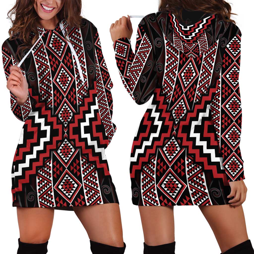 Red Tukutuku Pattern Aotearoa Hoodie Dress Niho Taniwha and Puhoro Motifs
