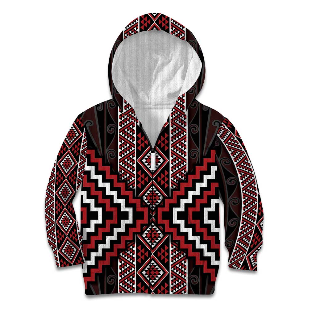 Red Tukutuku Pattern Aotearoa Kid Hoodie Niho Taniwha and Puhoro Motifs
