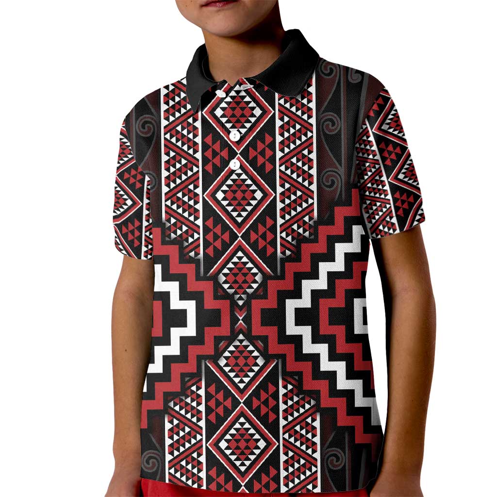 Red Tukutuku Pattern Aotearoa Kid Polo Shirt Niho Taniwha and Puhoro Motifs
