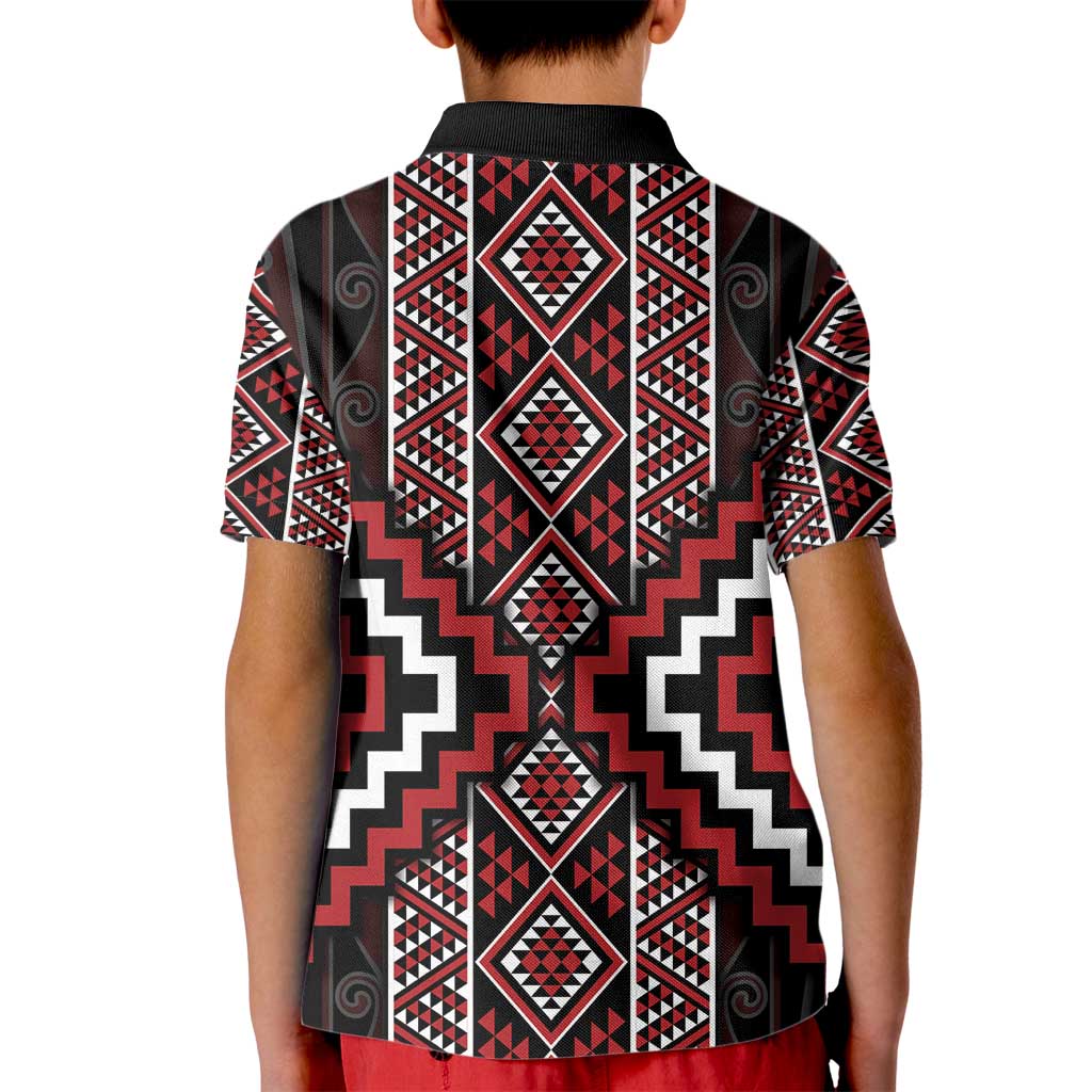 Red Tukutuku Pattern Aotearoa Kid Polo Shirt Niho Taniwha and Puhoro Motifs