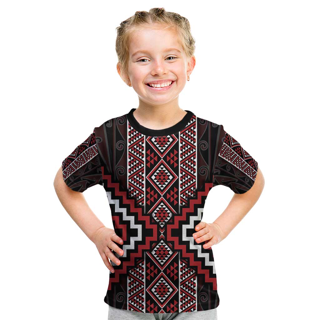 Red Tukutuku Pattern Aotearoa Kid T Shirt Niho Taniwha and Puhoro Motifs