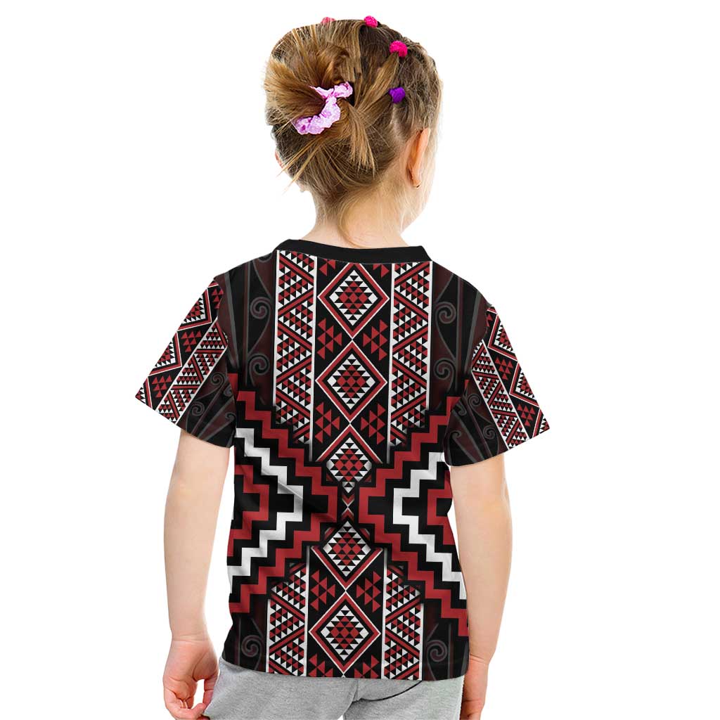 Red Tukutuku Pattern Aotearoa Kid T Shirt Niho Taniwha and Puhoro Motifs
