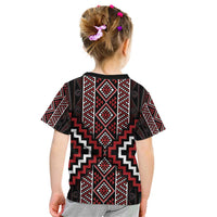Red Tukutuku Pattern Aotearoa Kid T Shirt Niho Taniwha and Puhoro Motifs