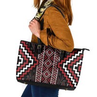 Red Tukutuku Pattern Aotearoa Leather Tote Bag Niho Taniwha and Puhoro Motifs