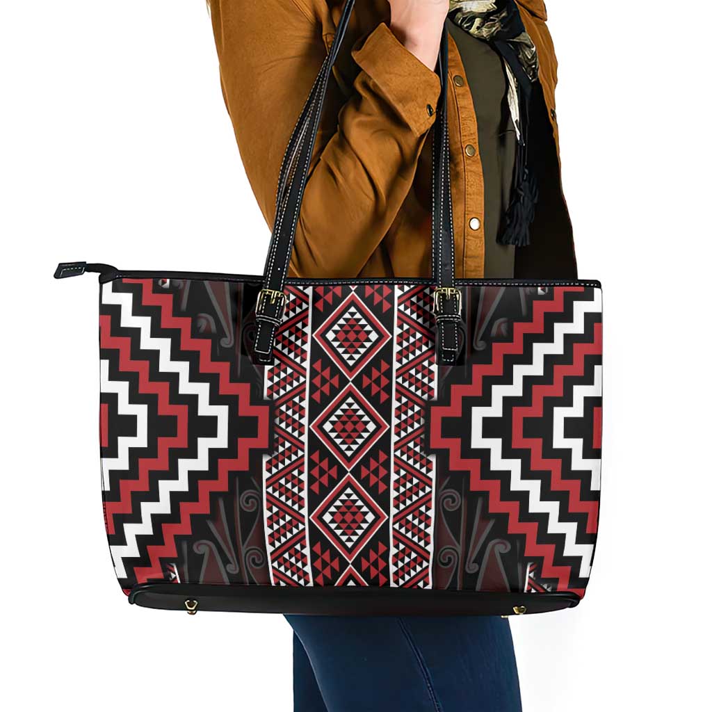Red Tukutuku Pattern Aotearoa Leather Tote Bag Niho Taniwha and Puhoro Motifs