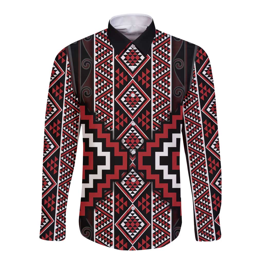 Red Tukutuku Pattern Aotearoa Long Sleeve Button Shirt Niho Taniwha and Puhoro Motifs LT7 Unisex Red - Polynesian Pride