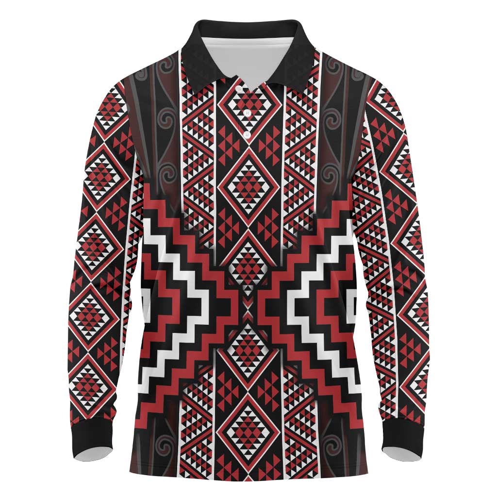 Red Tukutuku Pattern Aotearoa Long Sleeve Polo Shirt Niho Taniwha and Puhoro Motifs