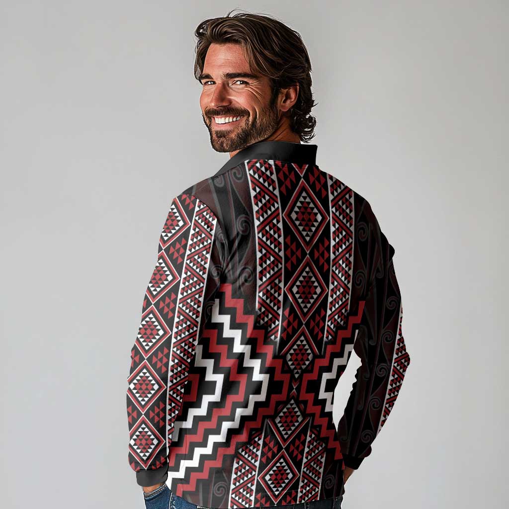 Red Tukutuku Pattern Aotearoa Long Sleeve Polo Shirt Niho Taniwha and Puhoro Motifs