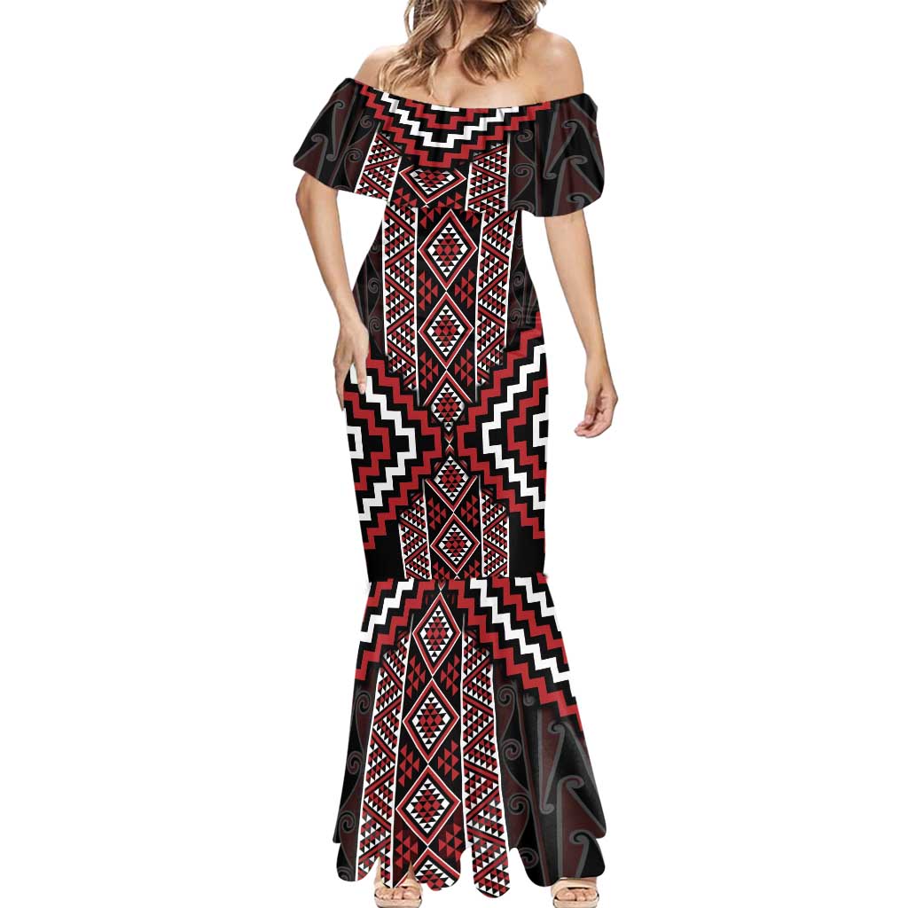 Red Tukutuku Pattern Aotearoa Mermaid Dress Niho Taniwha and Puhoro Motifs LT7 - Polynesian Pride