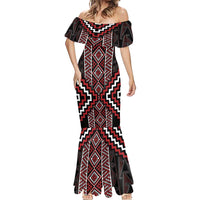 Red Tukutuku Pattern Aotearoa Mermaid Dress Niho Taniwha and Puhoro Motifs LT7 - Polynesian Pride