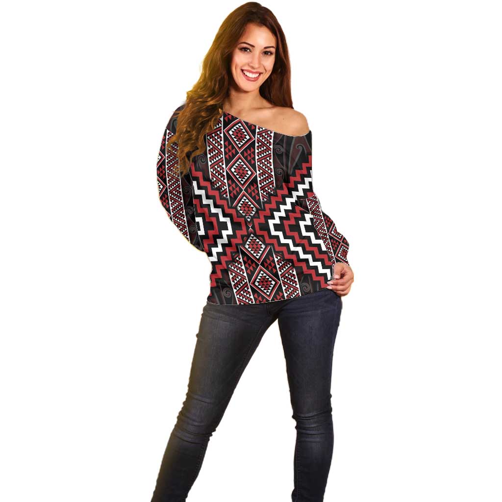 Red Tukutuku Pattern Aotearoa Off Shoulder Sweater Niho Taniwha and Puhoro Motifs