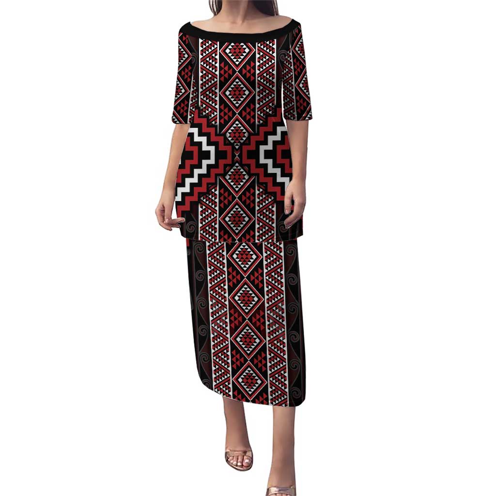 Red Tukutuku Pattern Aotearoa Puletasi Niho Taniwha and Puhoro Motifs