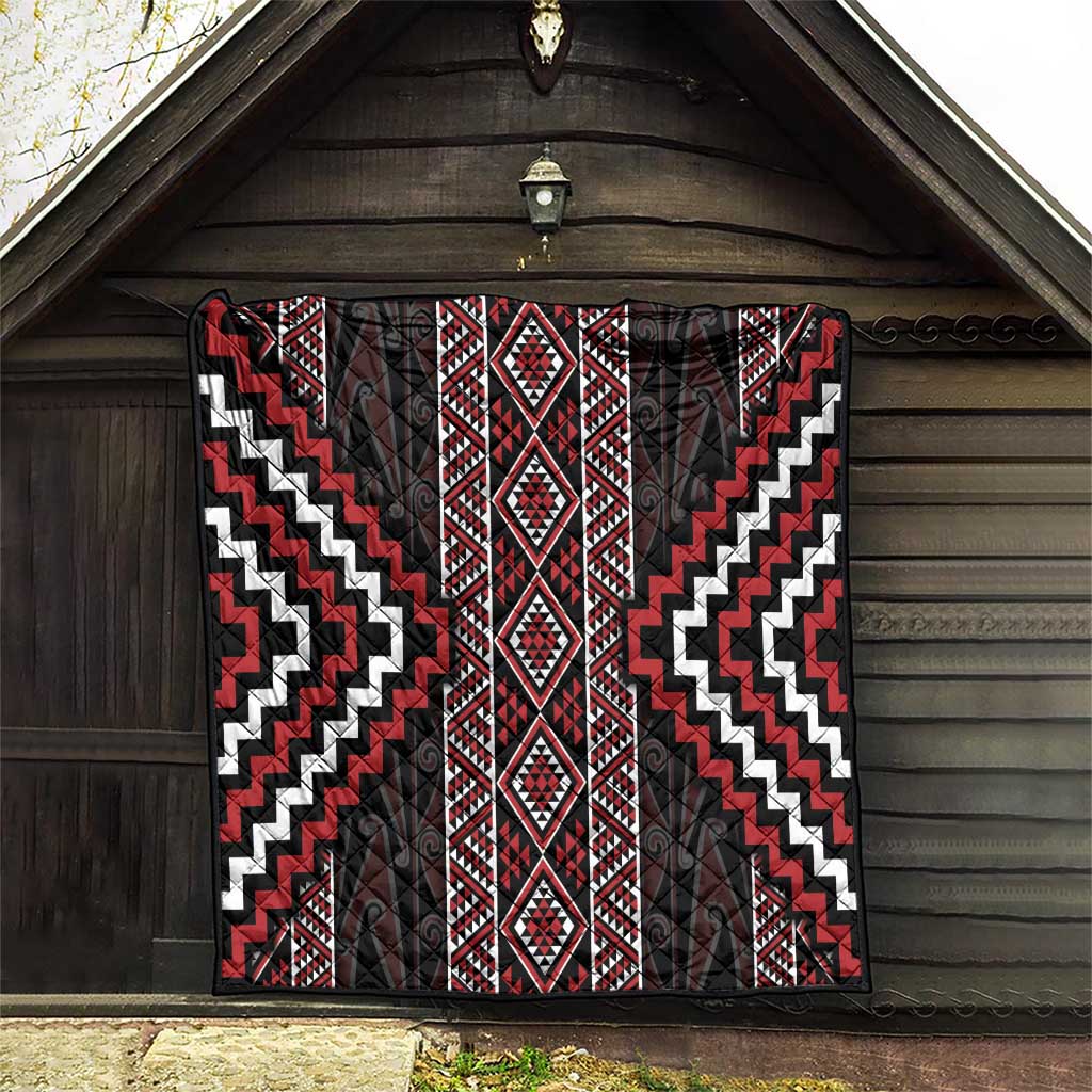 Red Tukutuku Pattern Aotearoa Quilt Niho Taniwha and Puhoro Motifs