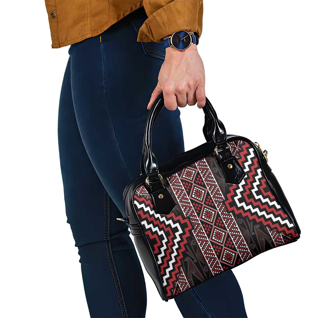 Red Tukutuku Pattern Aotearoa Shoulder Handbag Niho Taniwha and Puhoro Motifs